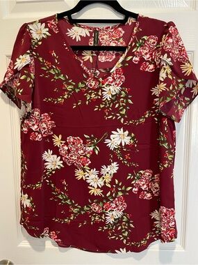 Women's Burgundy Floral V-Neck Blouse